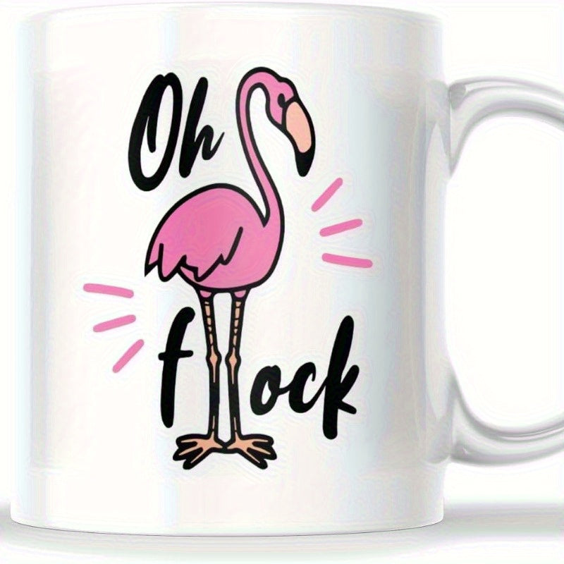 Tailorly White Ceramic 11 oz Mug - Oh Flock Elegant Pink Standing With Decorative Radiant Lines Among White Background Flamingo