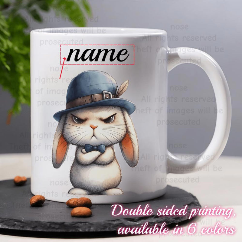 Tailorly White Ceramic 11 oz Mug - Name Grumpy Cartoon Bunny Wearing Blue Fedora Hat And Small Bow Tie Rabbit