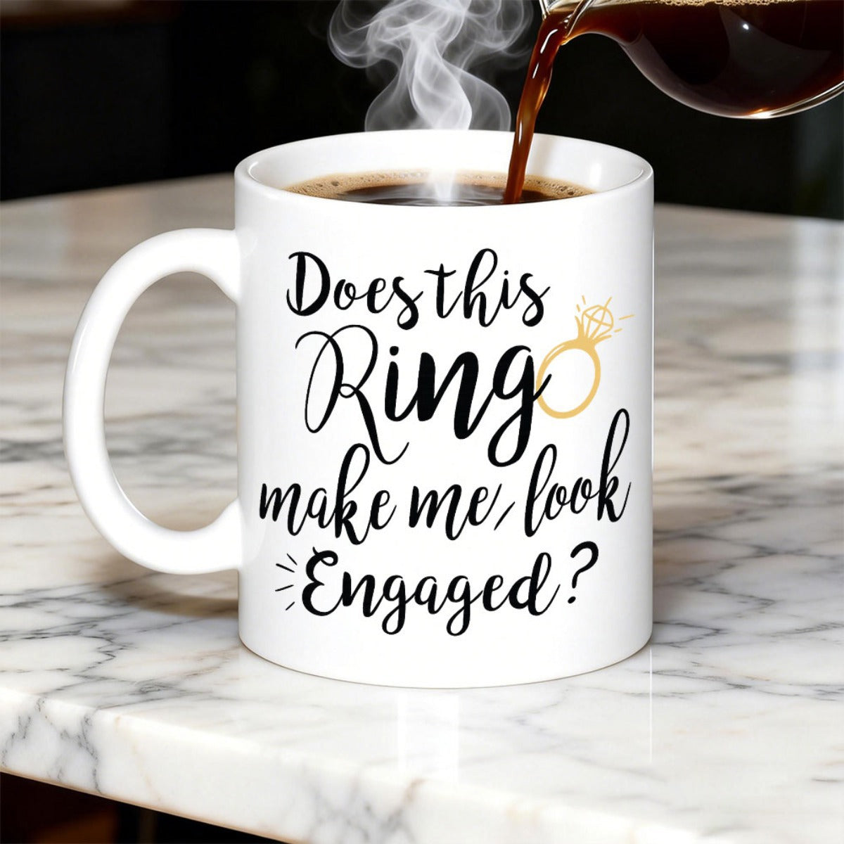 Tailorly White Ceramic 11 oz Mug - Does This Ring Make Me Look Engaged Minimalist Golden Sparkly Diamond Ring Graphic Printed On