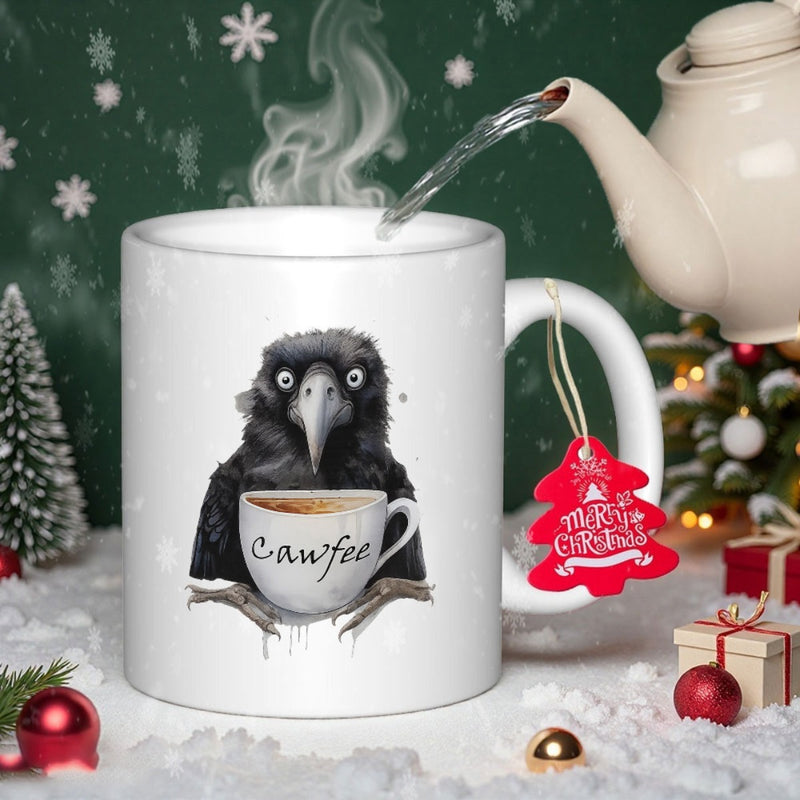 Tailorly White Ceramic 11 oz Mug - Cawfee Charming Black Raven Holding A Steaming White Cup Within Snowy Winter Scenery Crow