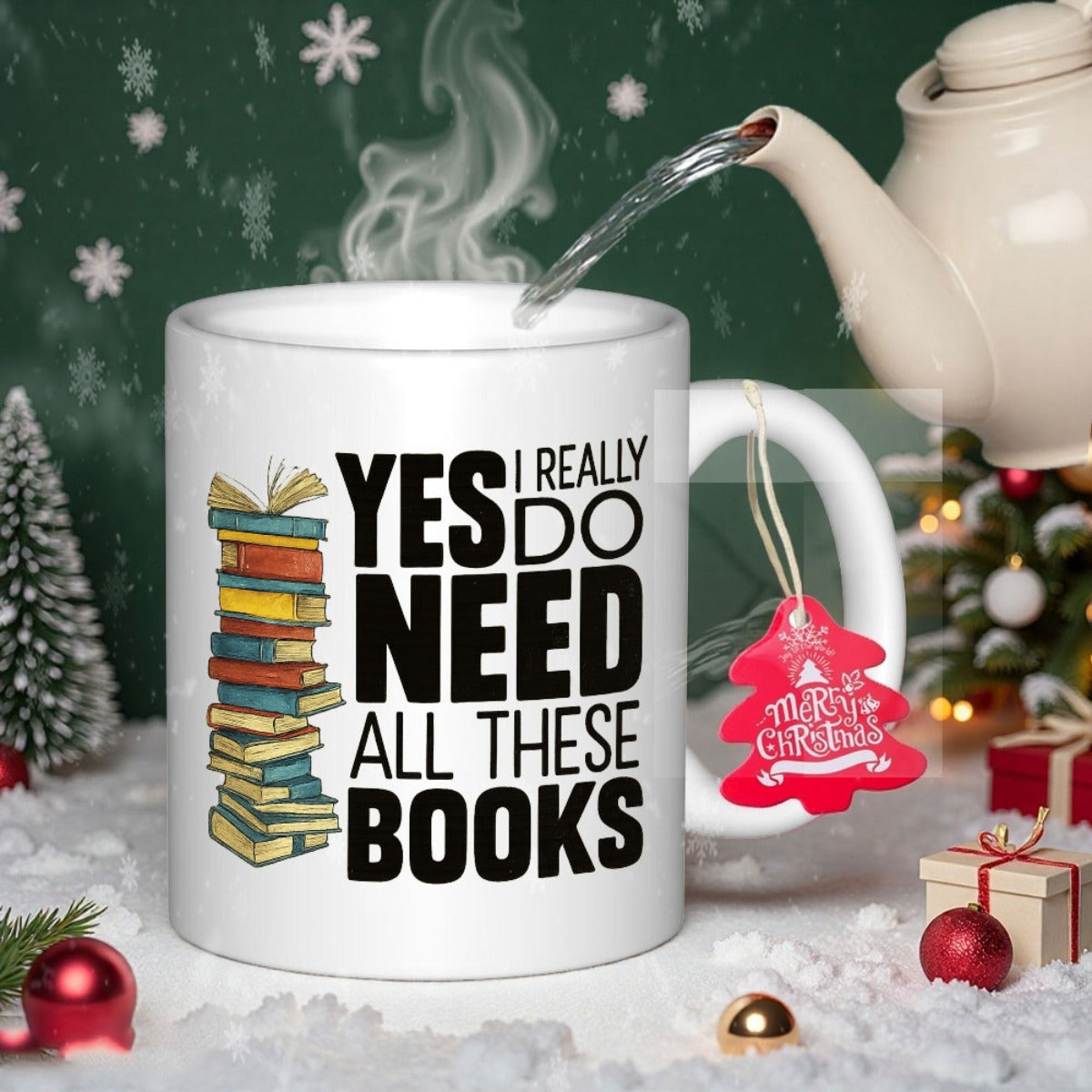 Tailorly White Ceramic 11 oz Mug - Yes I Really Do Need All These Books Colorful Vintage Hardcover Books Neatly Stacked In A Tall Vertical Tower Books