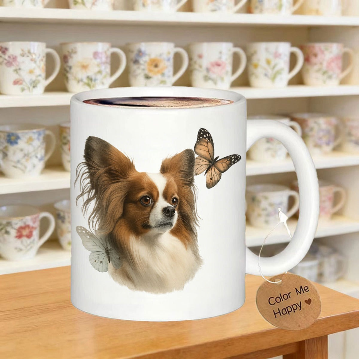 Tailorly White Ceramic 11 oz Mug - Color Me Happy Graceful Long Haired Dog Surrounded By Delicate Flying Monarch Butterfly Papillon