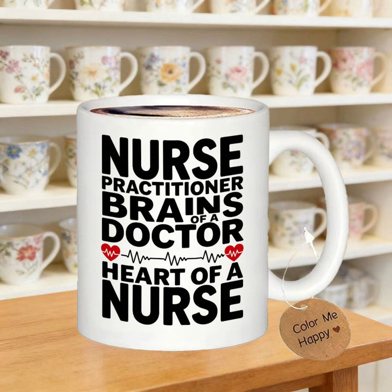 Tailorly White Ceramic 11 oz Mug - Nurse Practitioner Brains Of A Doctor Heart Of A Nurse Bold Typographic Design Featuring Red Hearts And Heartbeat Pulse Mug