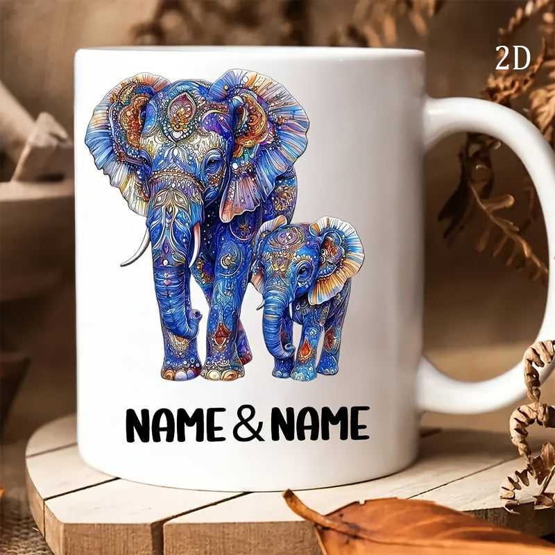 Tailorly White Ceramic 11 oz Mug - Name Name Vibrant Ornate Mosaic Blue Elephants Standing On White Elephant