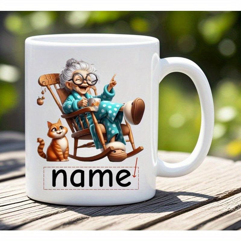 Tailorly White Ceramic 11 oz Mug - Name Cheerful Elderly Woman Relaxing In A Rocking Chair With Ginger Tabby Illustration
