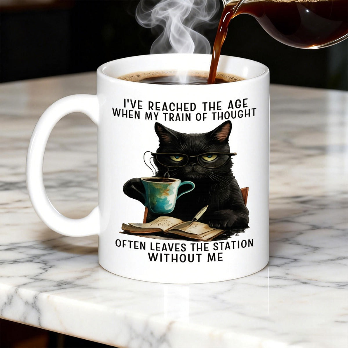 Tailorly White Ceramic 11 oz Mug - Ive Reached The Age When My Train Of Thought Often Leaves The Station Without Me Wise Black Cat Wearing Glasses Reading Beside A