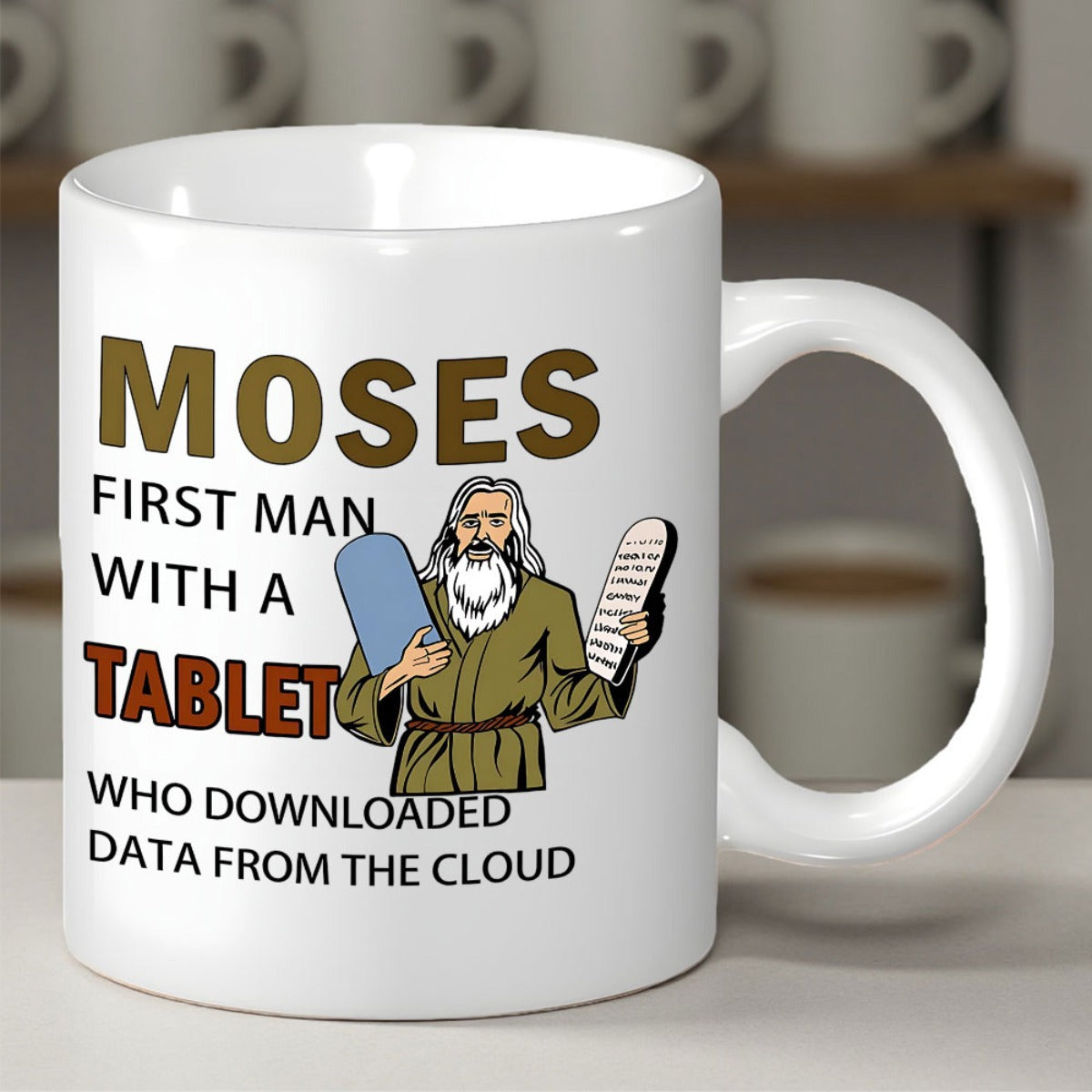 Tailorly White Ceramic 11 oz Mug - Moses First Man With A Tablet Who Downloaded Data From The Cloud Classical Bearded Biblical Figure Carrying Ancient Stone