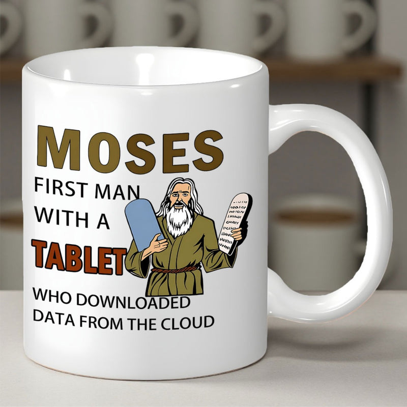 Tailorly White Ceramic 11 oz Mug - Moses First Man With A Tablet Who Downloaded Data From The Cloud Classical Bearded Biblical Figure Carrying Ancient Stone