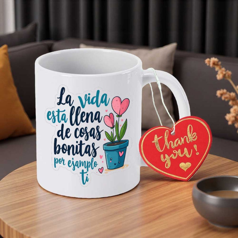 Tailorly White Ceramic 11 oz Mug - Thank You Vibrant Pink Heart Shaped Flowers Blooming In A Blue Potted Plant
