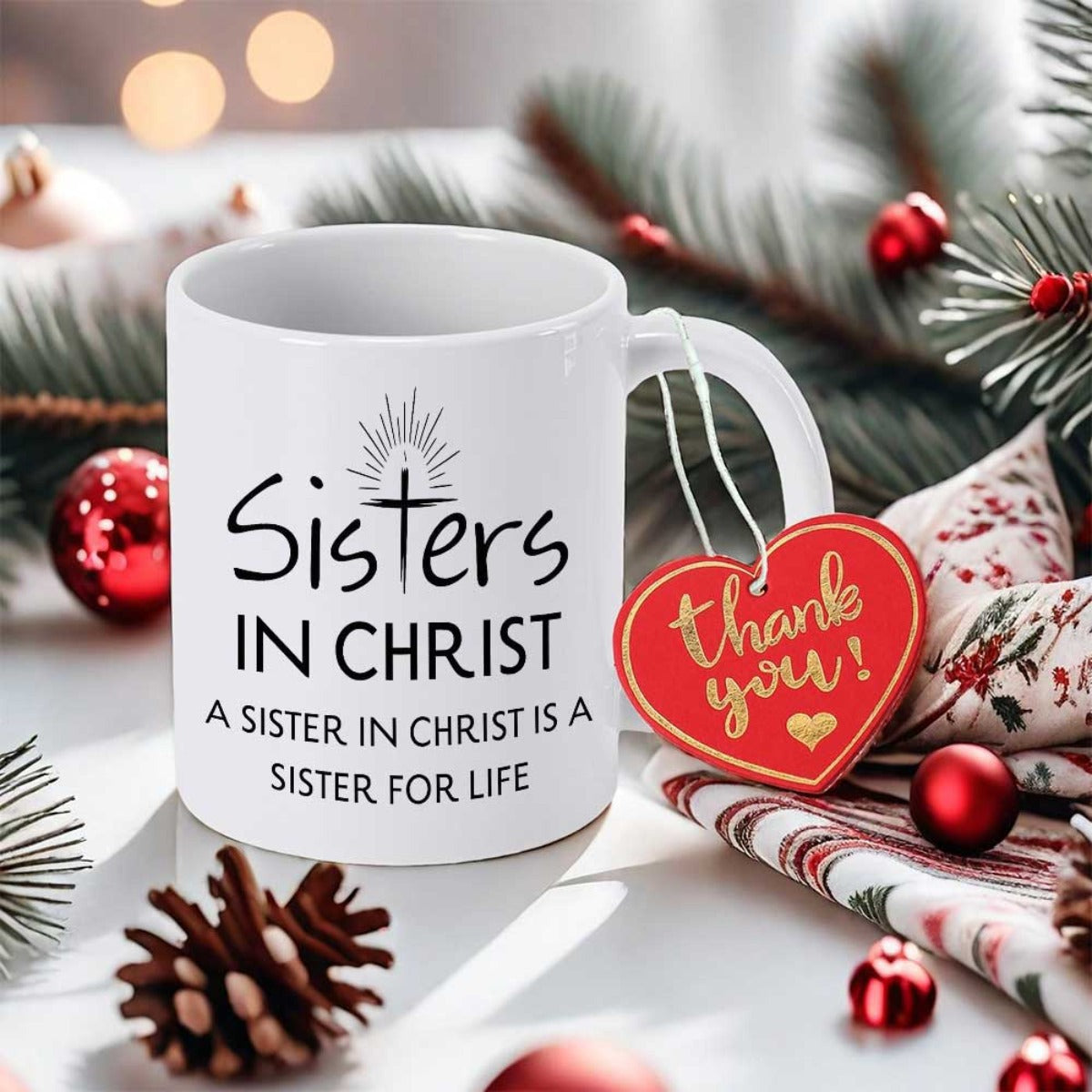 Tailorly White Ceramic 11 oz Mug - Sisters In Christ Elegant Christian Cross Under Glowing Divine Light Rays Cross