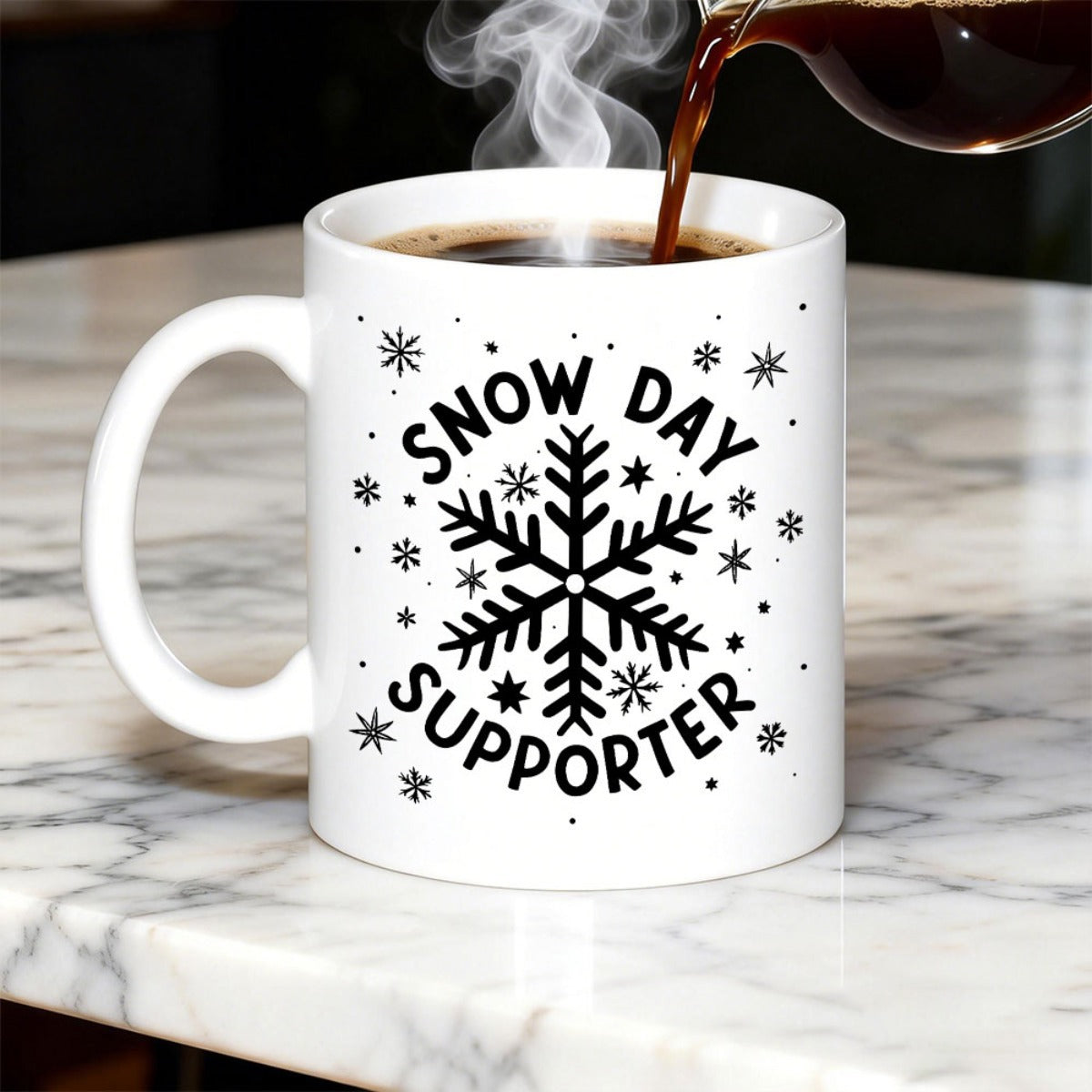 Tailorly White Ceramic 11 oz Mug - Snow Day Supporter Intricate Black Geometric Patterns Among Delicate Tiny Falling Winter Flakes Snowflake
