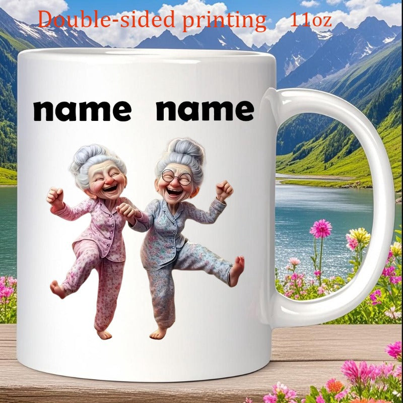 Tailorly White Ceramic 11 oz Mug - Name Name Two Elderly Women Dancing Joyfully Wearing Pajamas In A Playful Motion Grandmothers