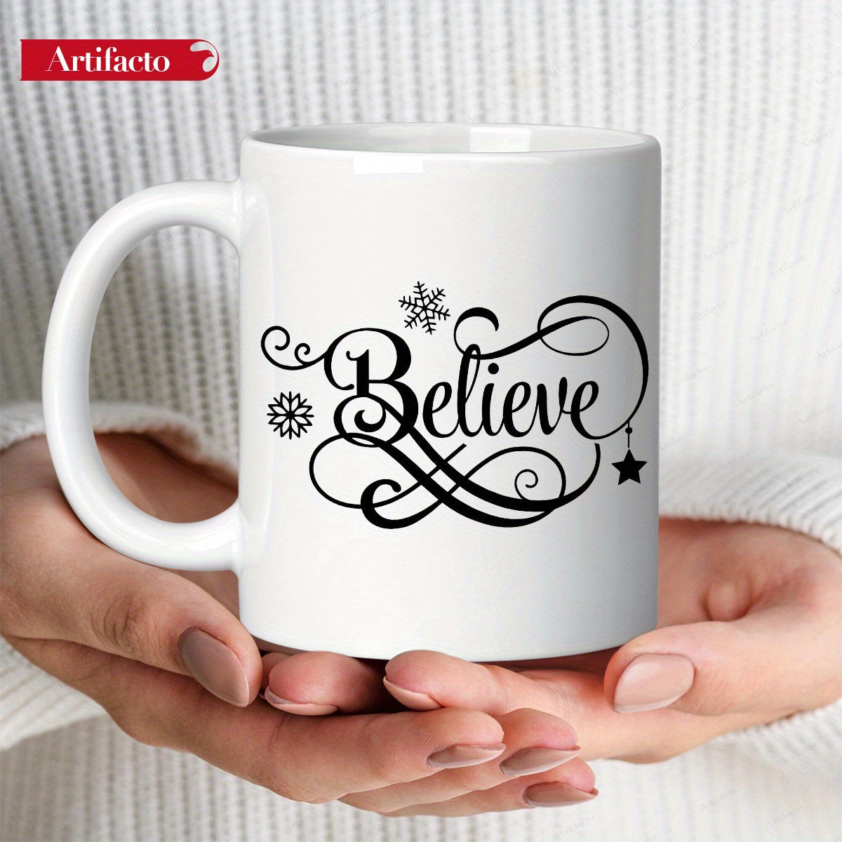 Tailorly White Ceramic 11 oz Mug - Believe Elegant Cursive Script Featuring Decorative Swirls And Festive Winter Snowflakes Mug
