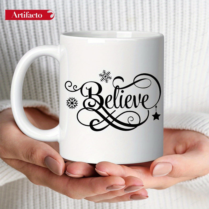 Tailorly White Ceramic 11 oz Mug - Believe Elegant Cursive Script Featuring Decorative Swirls And Festive Winter Snowflakes Mug