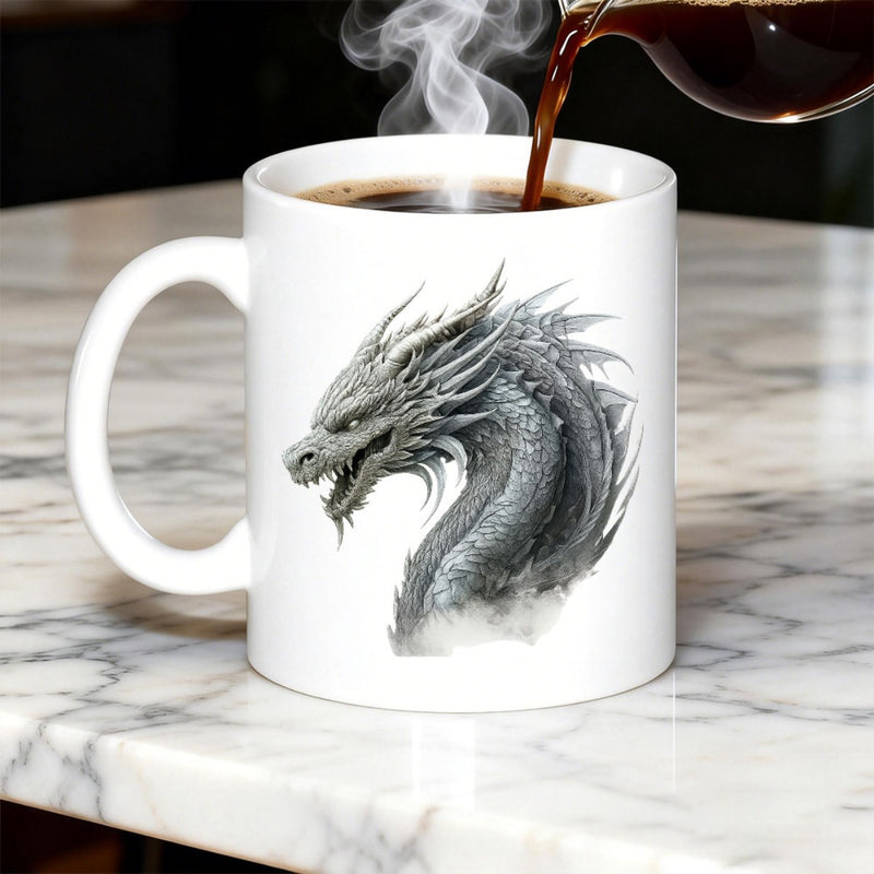 Tailorly White Ceramic 11 oz Mug - Fierce Mythological Beast With Sharp Horns And Intricate Silver Scales Dragon