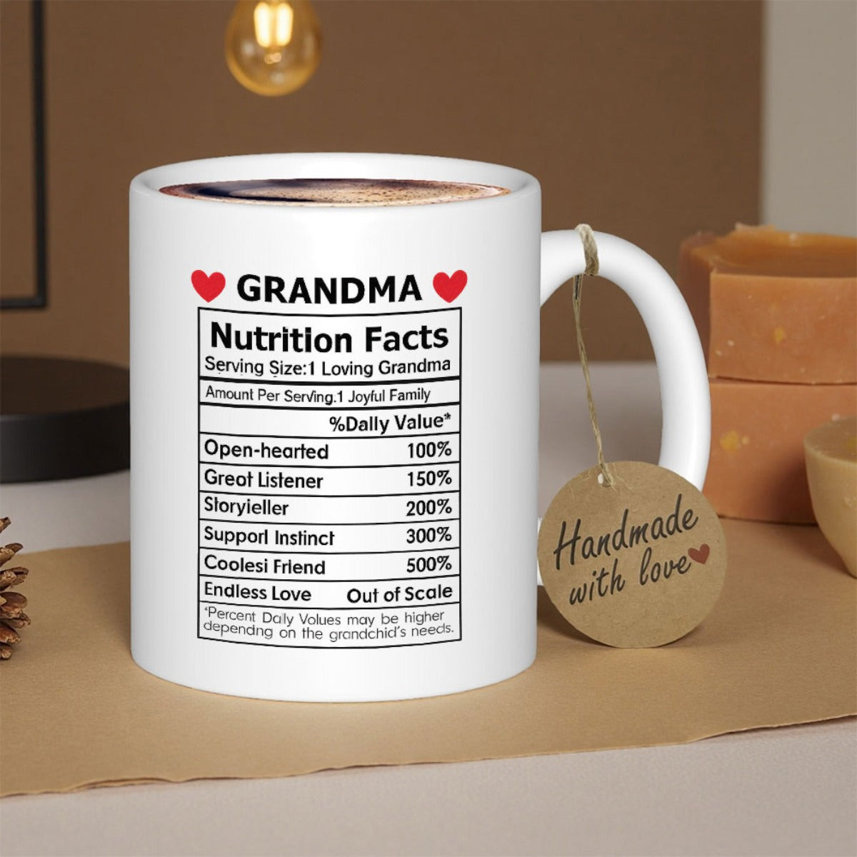 Tailorly White Ceramic 11 oz Mug - Grandma Nutrition Facts Minimalist White Ceramic Style With Bold Black Text And Red Hearts Label