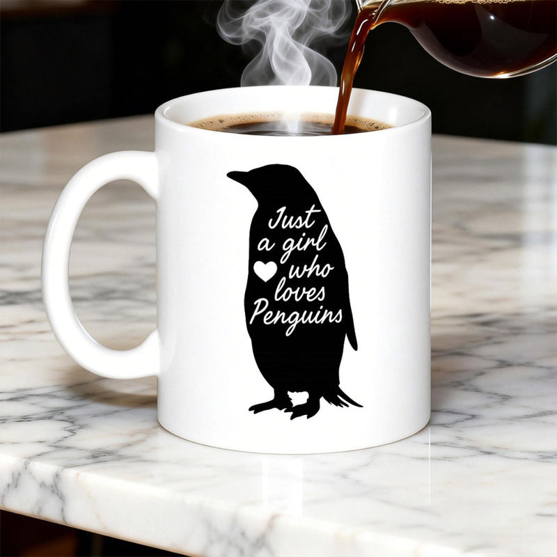 Tailorly White Ceramic 11 oz Mug - Just A Girl Who Loves Penguins Simple Black Silhouette Standing Tall With Heart Icon Penguin