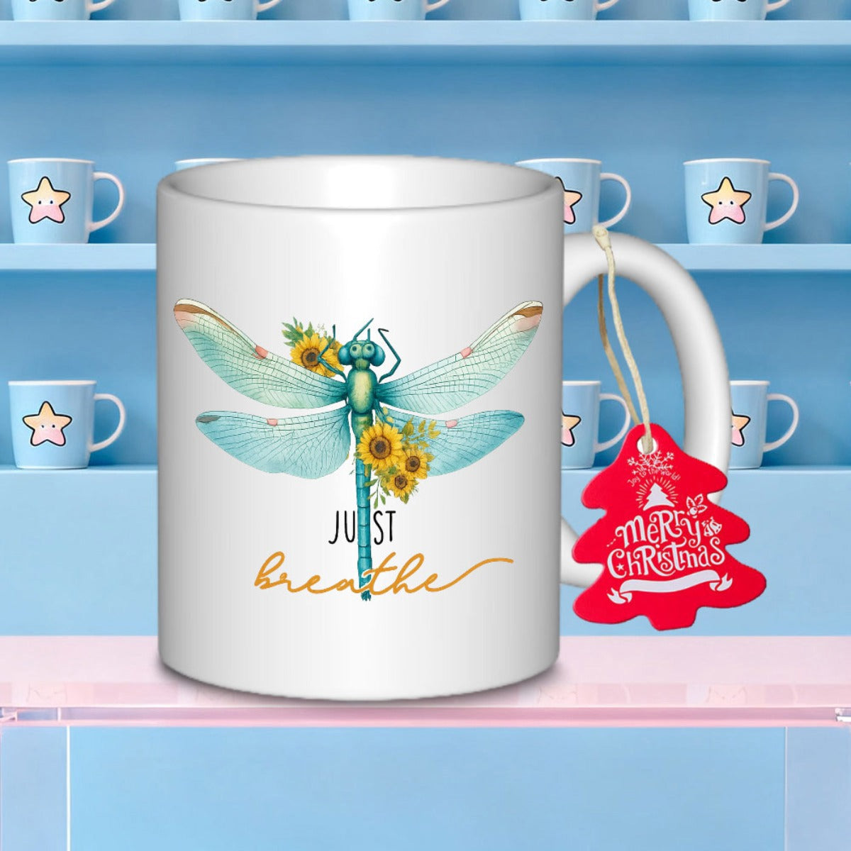 Tailorly White Ceramic 11 oz Mug - Just Breathe Delicate Wings With Vibrant Sunflowers Resting In A Peaceful Summer Garden Dragonfly