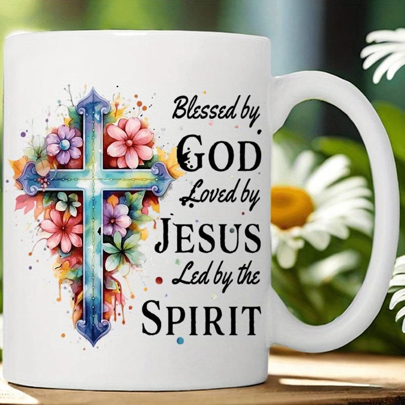 Tailorly White Ceramic 11 oz Mug - Blessed By God Loved By Jesus Led By The Spirit Colorful Watercolor Floral Elements Surrounding A Detailed Blue Ornate Religious