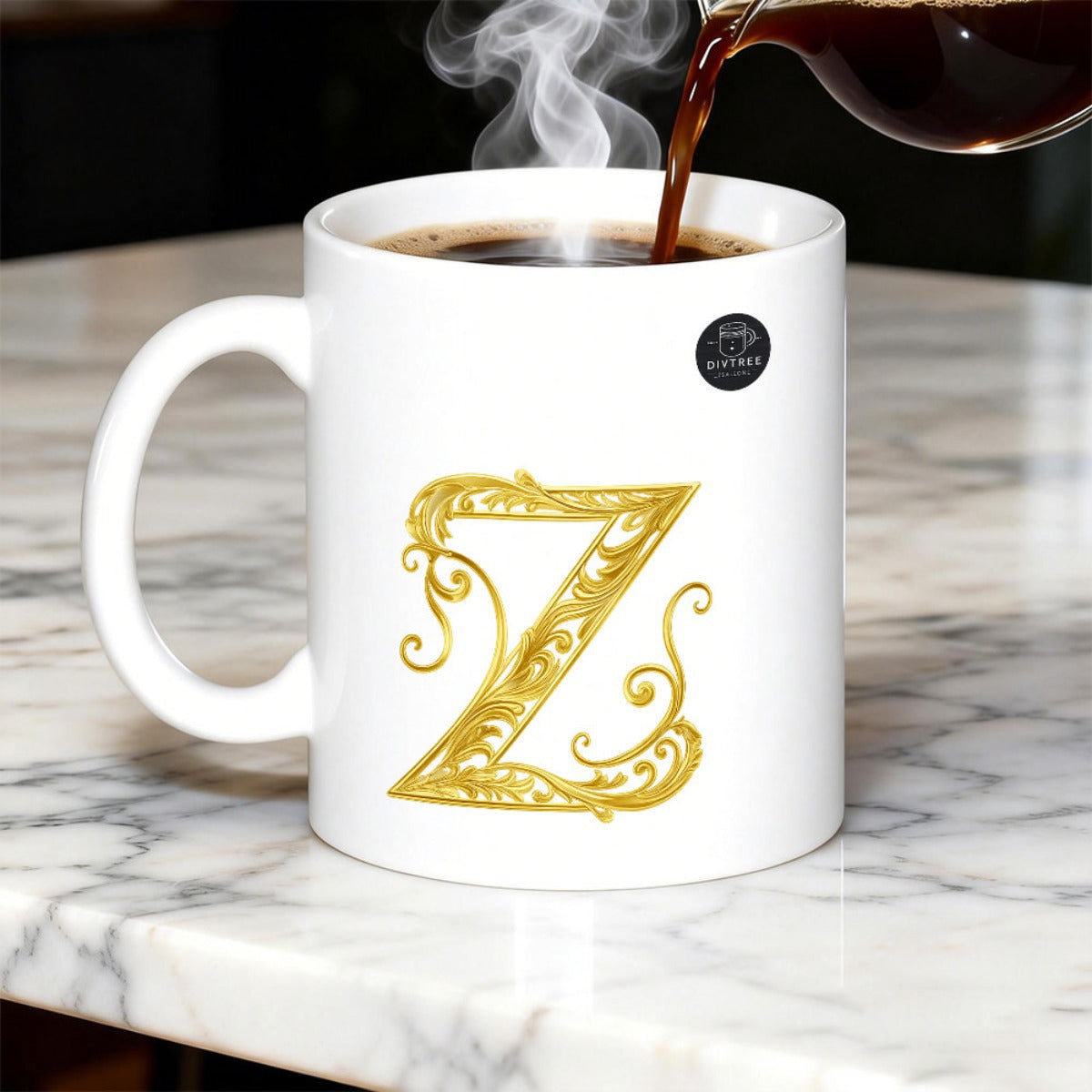 Tailorly White Ceramic 11 oz Mug - Z Ornate Golden Filigree Letter With Swirls On