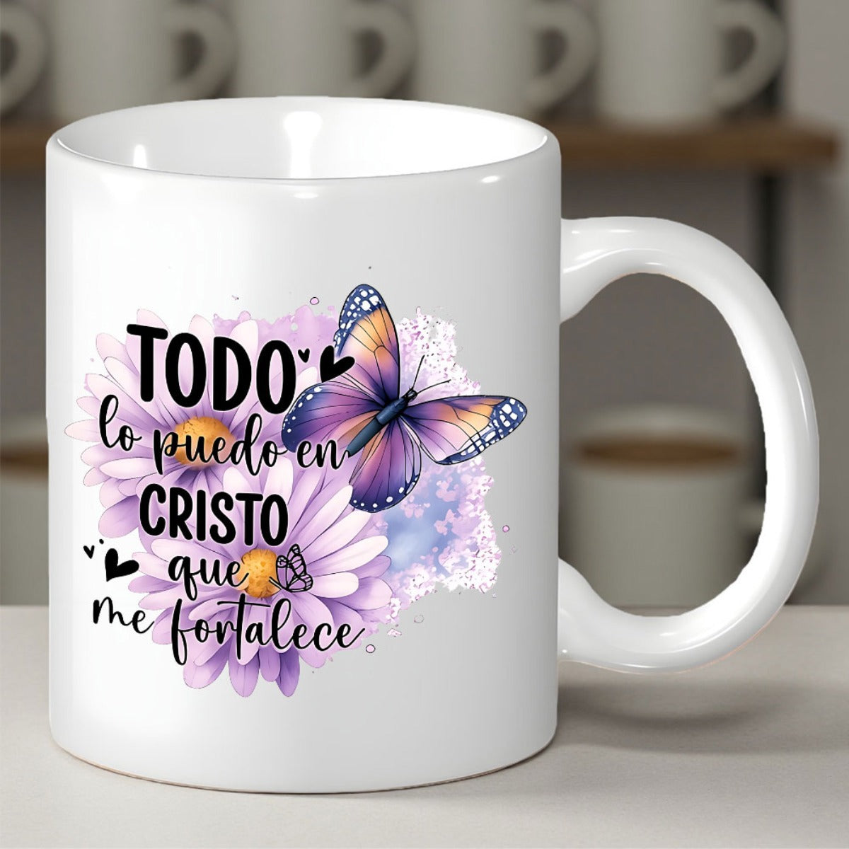 Tailorly White Ceramic 11 oz Mug - Beautiful Purple Wings Flying Among Soft Blooming Pink Floral Petals Butterfly