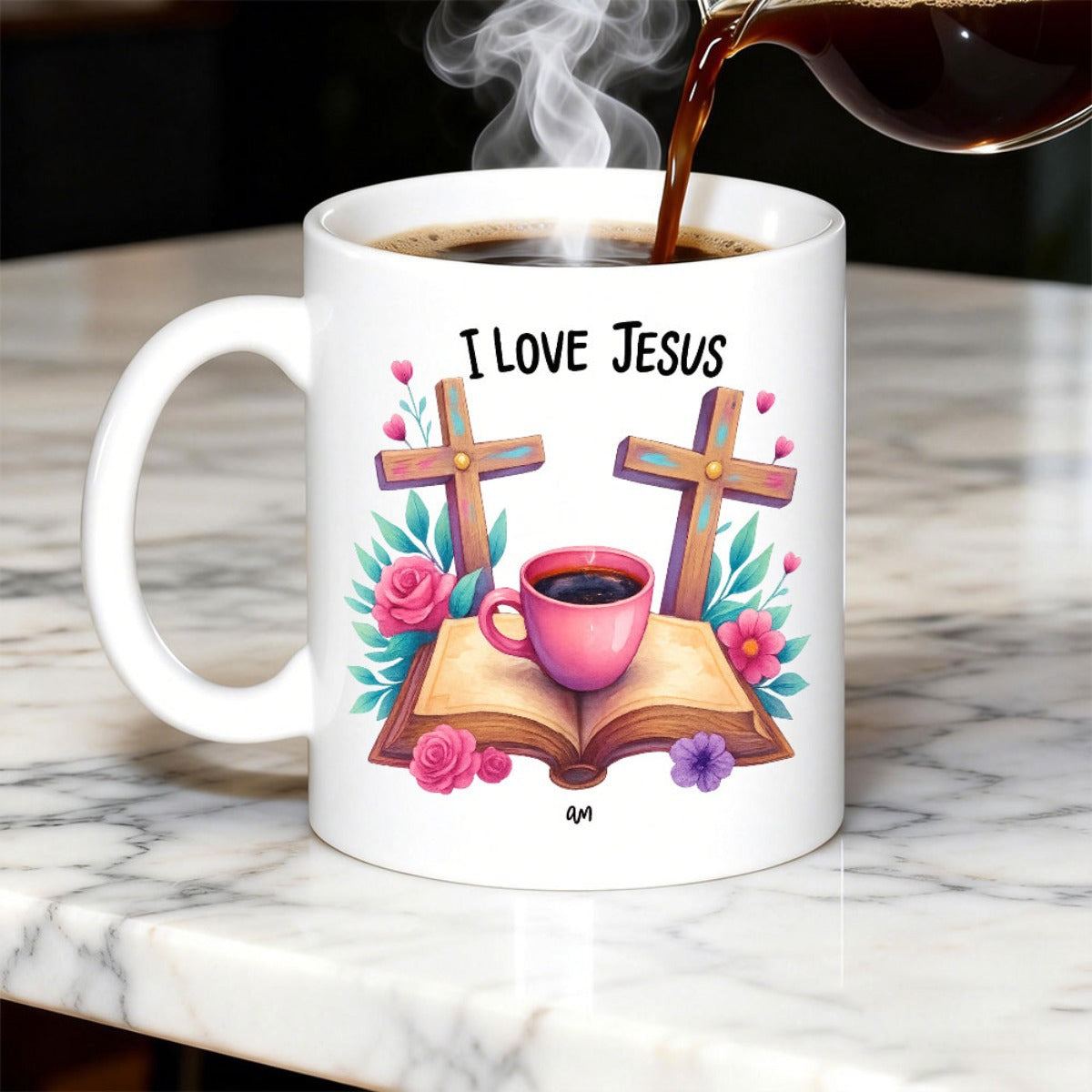 Tailorly White Ceramic 11 oz Mug - I Love Jesus Sacred Wooden Crosses And Pink Cup Over Open Holy Book Cross
