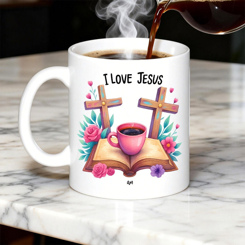 Tailorly White Ceramic 11 oz Mug - I Love Jesus Sacred Wooden Crosses And Pink Cup Over Open Holy Book Cross