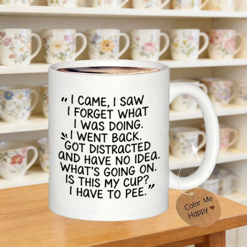 Tailorly White Ceramic 11 oz Mug - I Came I Saw I Forget What I Was Doing Minimalist White Ceramic Vessel Featuring Decorative Leaf Accents And Humorous Text Mug