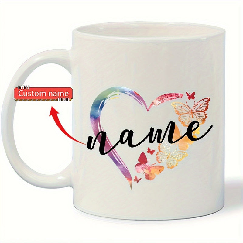 Tailorly White Ceramic 11 oz Mug - Custom Name Watercolor Texture With Colorful Fluttering Butterflies Surrounding A Romantic Artistic Heart