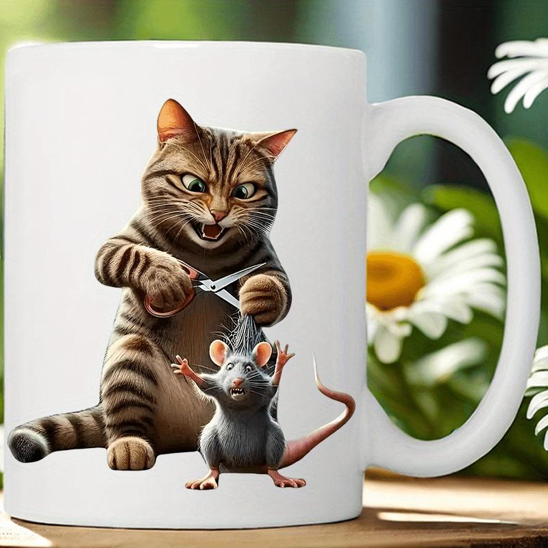 Tailorly White Ceramic 11 oz Mug - Playful Brown Striped Tabby Animal Holding Scissors Above Small Grey Mouse Cat