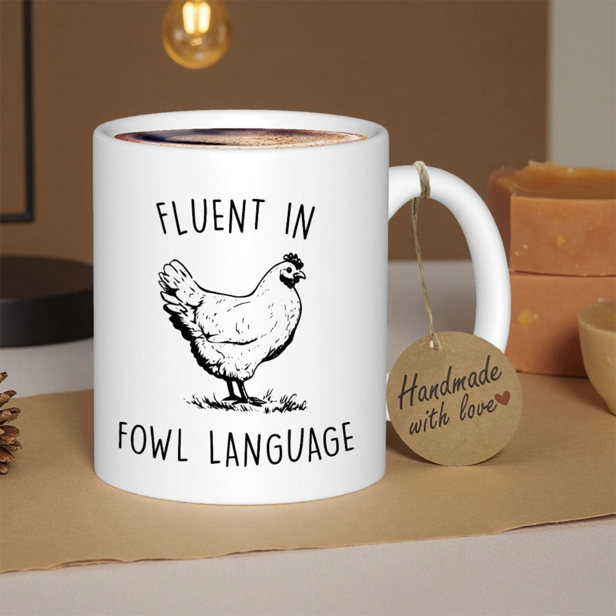 Tailorly White Ceramic 11 oz Mug - Fluent In Fowl Language Hand Drawn Black Ink Illustration Of A Standing Farmhouse Hen Chicken