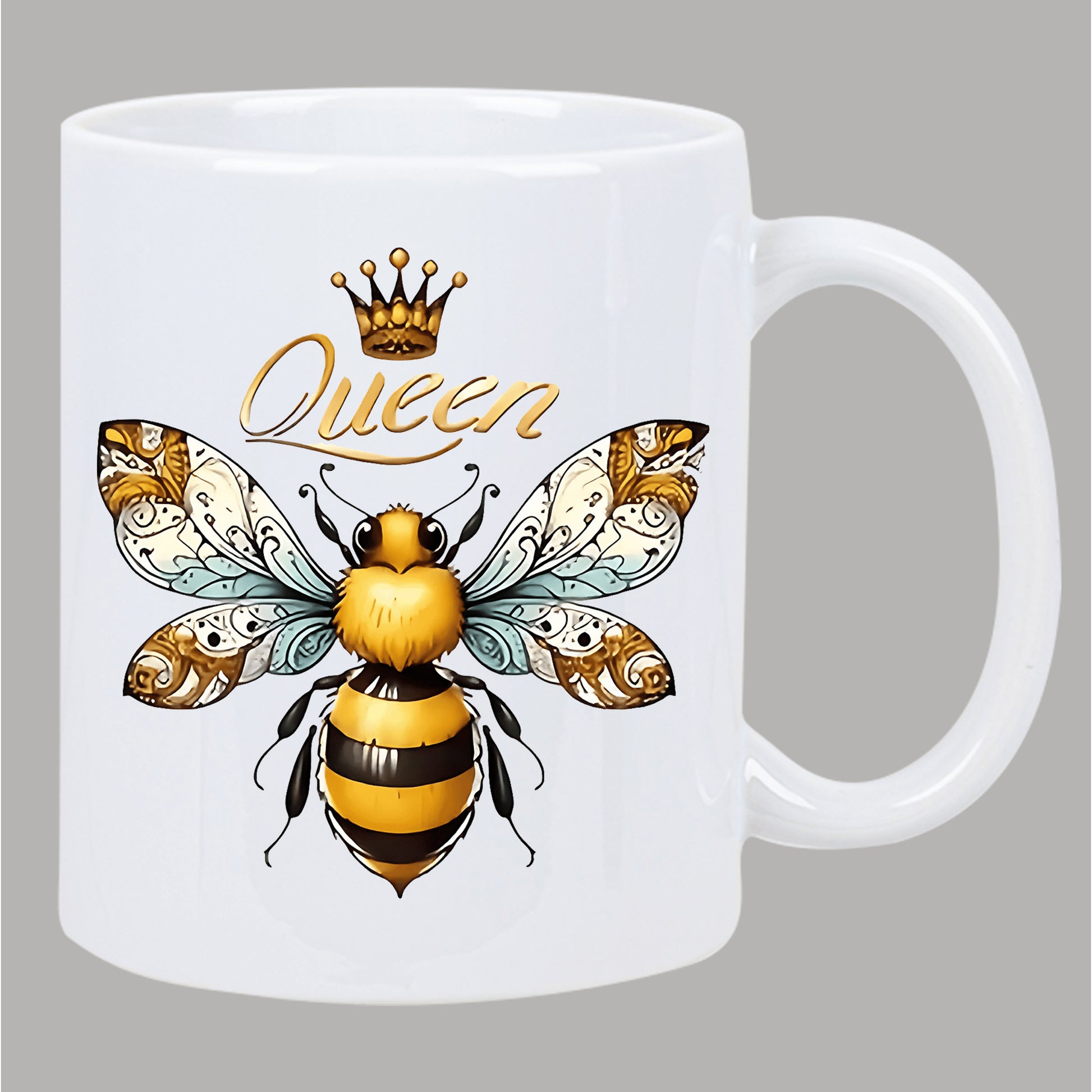 Tailorly White Ceramic 11 oz Mug - Queen Detailed Ornamental Wings With Golden Crown And Intricate Patterned Honey Bee