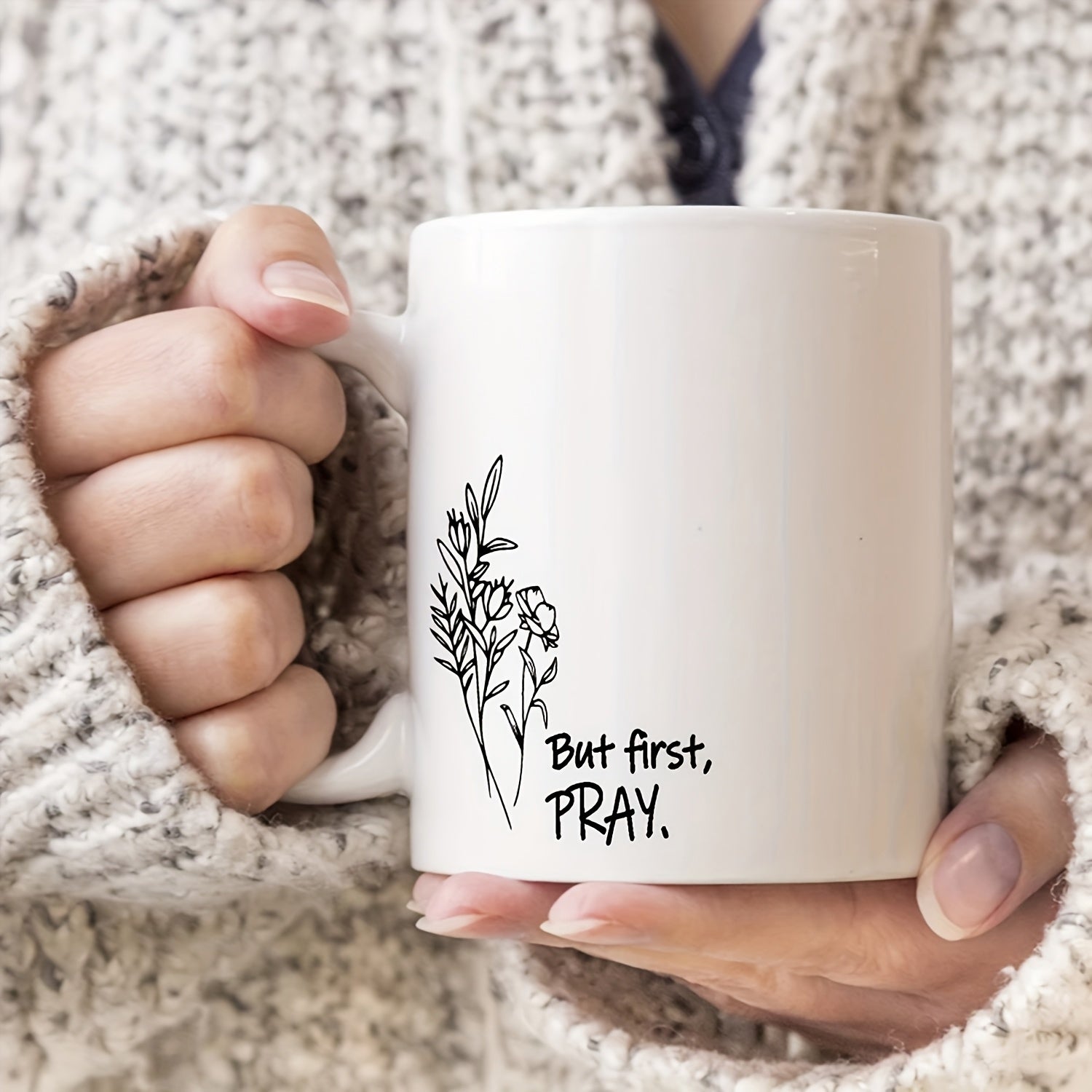 Tailorly White Ceramic 11 oz Mug - But First Pray Minimalist Black Line Art Drawing Featuring Delicate Blooming Stems Wildflower