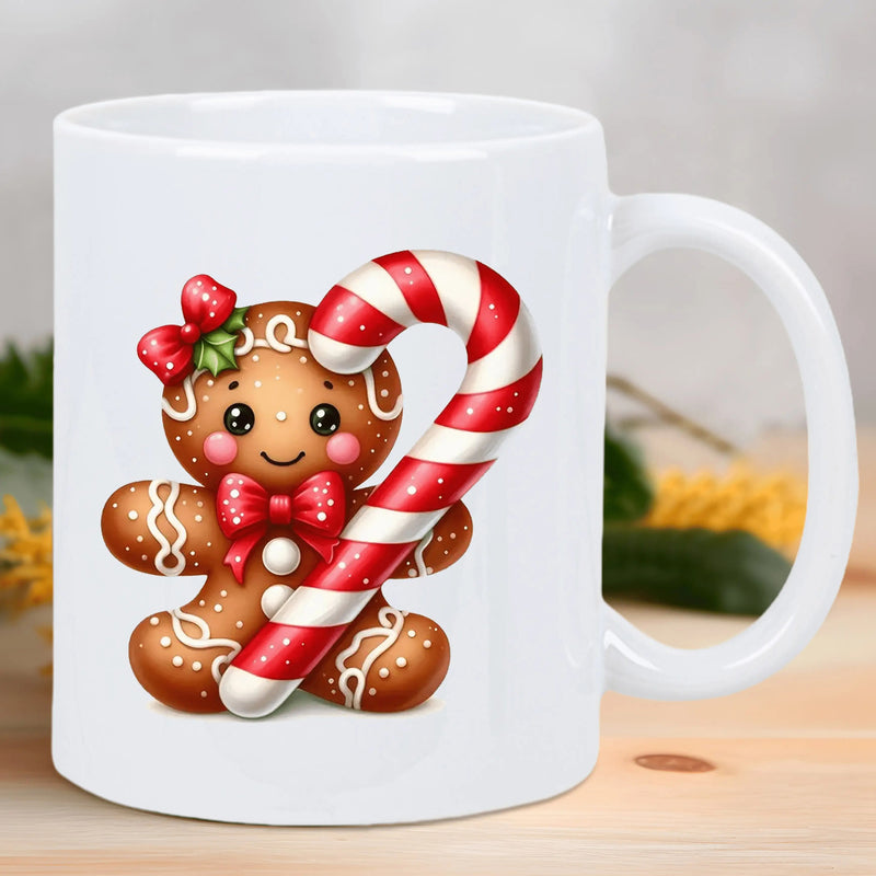 Tailorly White Ceramic 11 oz Mug - Adorable Festive Christmas Character Holding A Large Striped Red Candy Cane Gingerbread Man