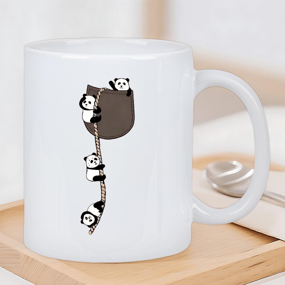 Tailorly White Ceramic 11 oz Mug - Playful Cartoon Animals Climbing Down A Long Braided Rope From Pocket Panda