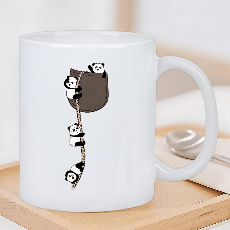 Tailorly White Ceramic 11 oz Mug - Playful Cartoon Animals Climbing Down A Long Braided Rope From Pocket Panda