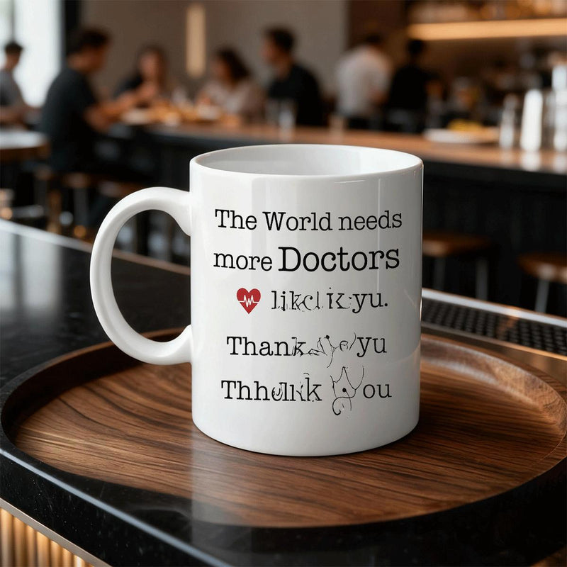 Tailorly White Ceramic 11 oz Mug - The World Needs More Doctors Like You Thank You Pure White Ceramic Material Resting On Wooden Tray Surface Decorative Mug