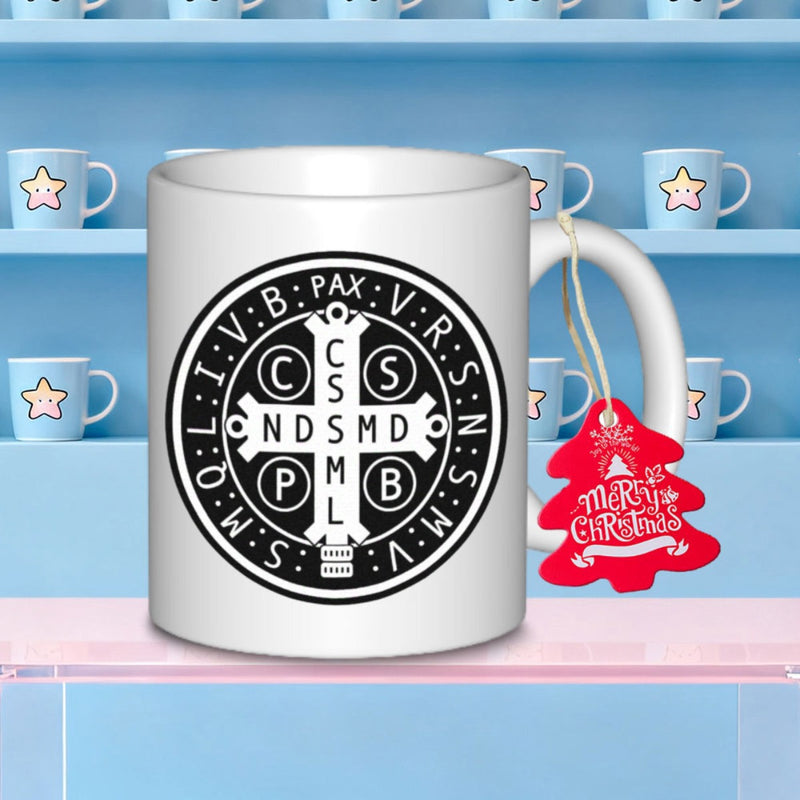 Tailorly White Ceramic 11 oz Mug - Merry Christmas Traditional Religious Circular Saint Benedict Medal Design With Sacred Latin Symbolism Medal