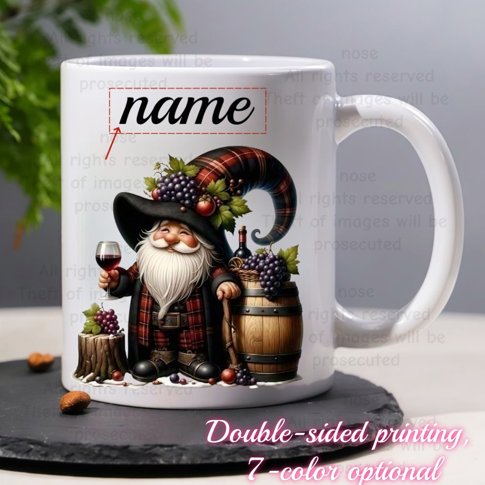 Tailorly White Ceramic 11 oz Mug - Name Whimsical Fantasy Character Holding Wine Glass Beside Wooden Barrel Gnome