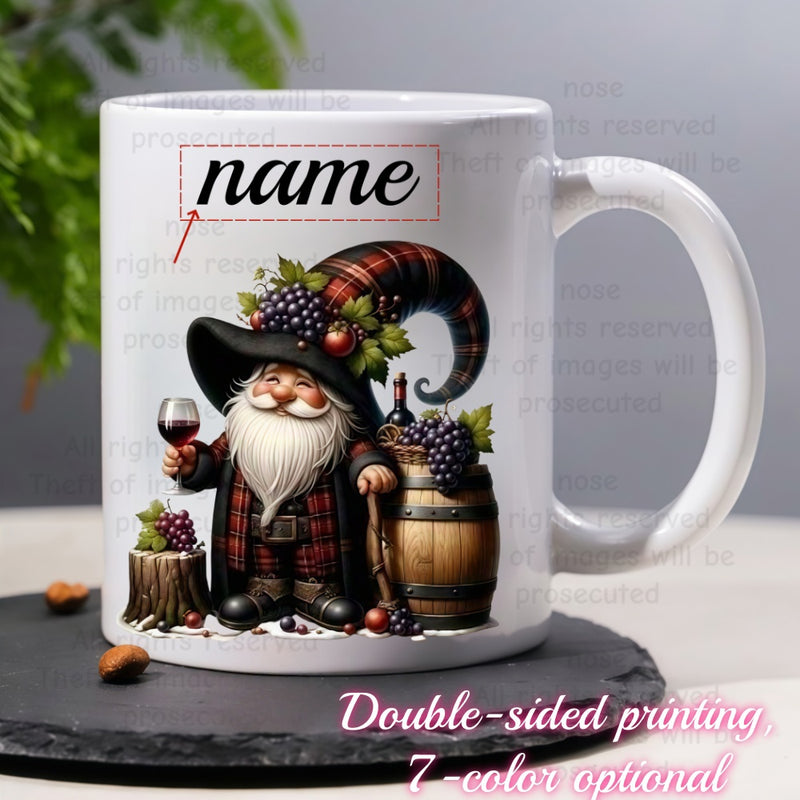 Tailorly White Ceramic 11 oz Mug - Name Whimsical Fantasy Character Holding Wine Glass Beside Wooden Barrel Gnome