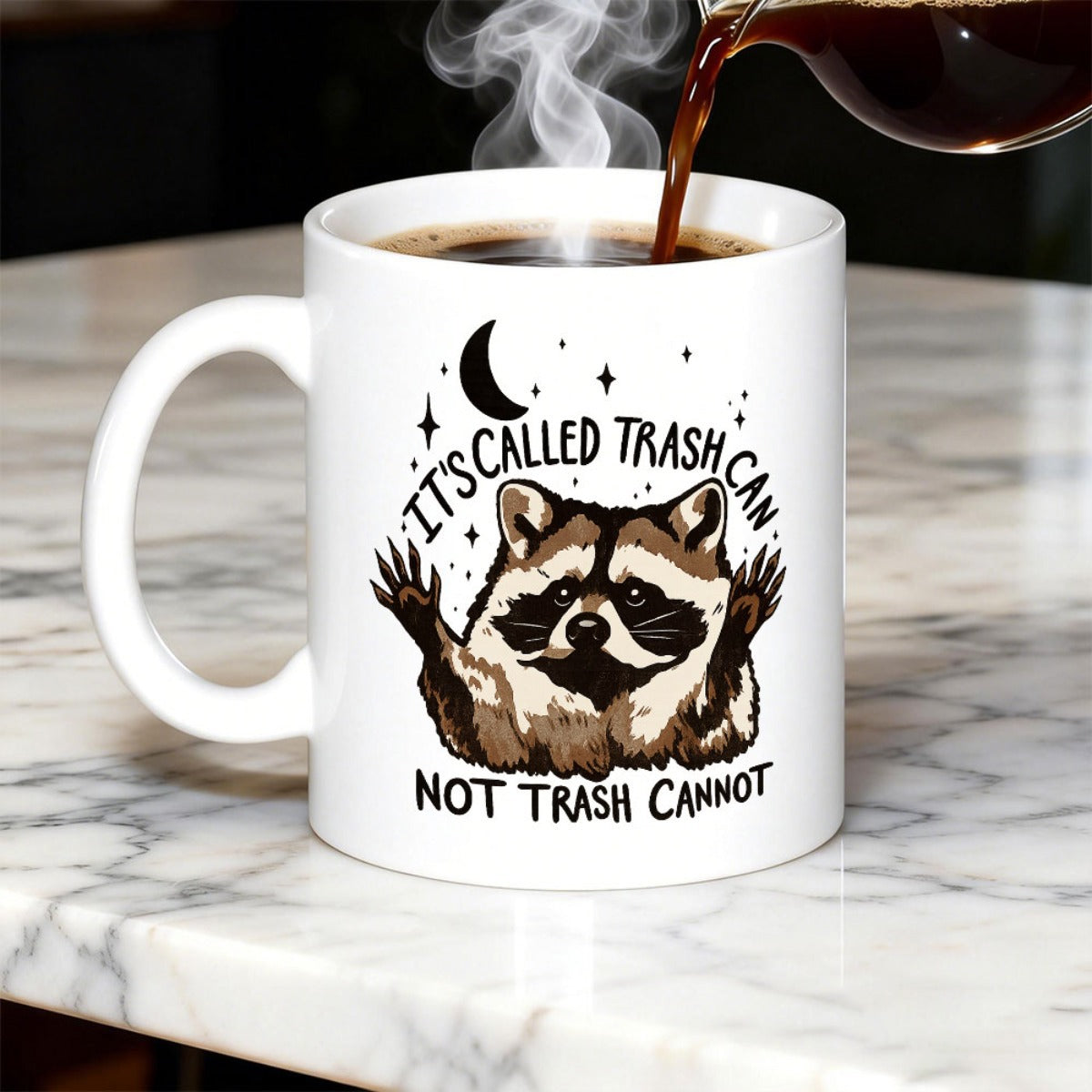 Tailorly White Ceramic 11 oz Mug - Its Called Trash Can Not Trash Cannot Cute Forest Animal Sitting Under Moon And Stars With Paws Up Raccoon