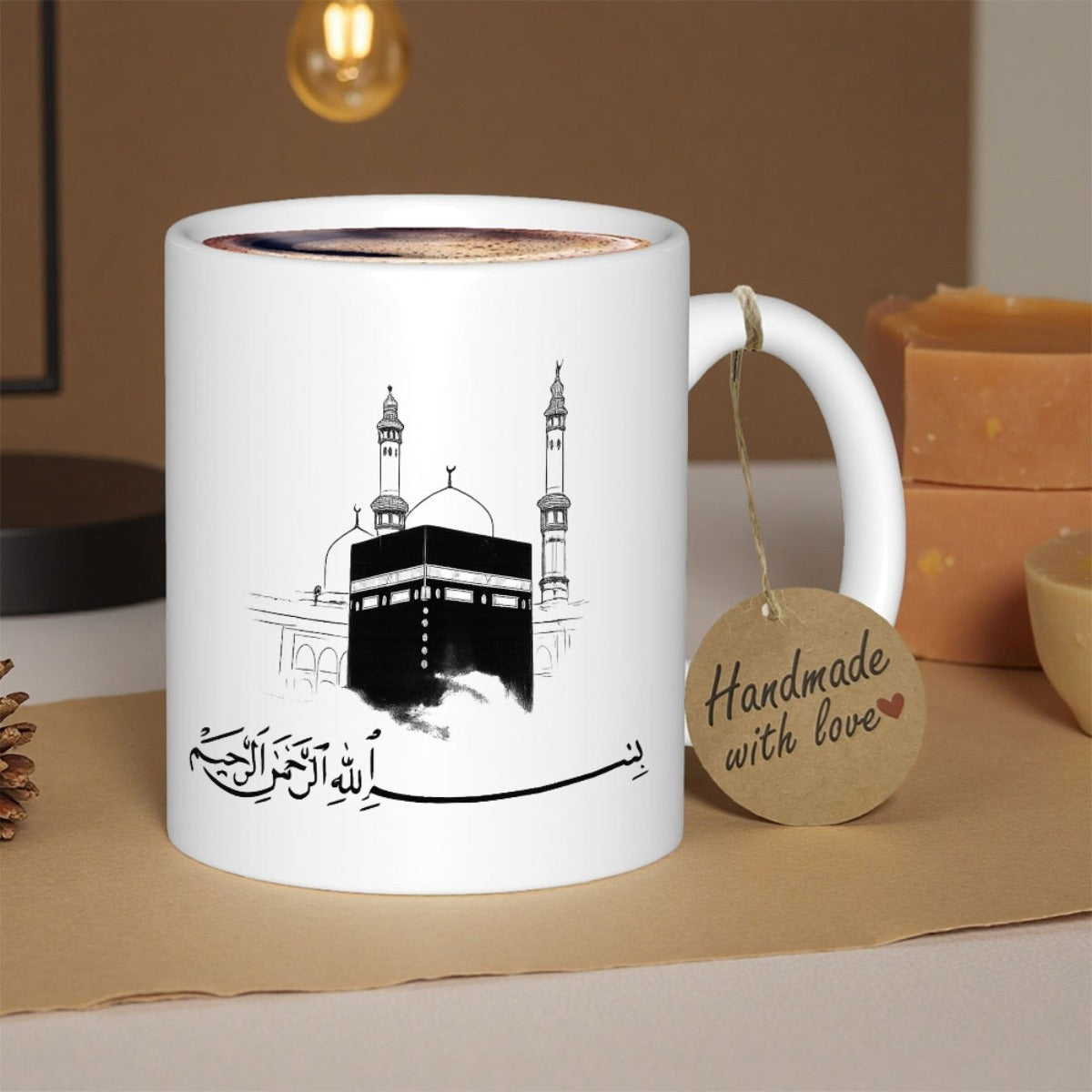 Tailorly White Ceramic 11 oz Mug - Minimalist Black And White Sacred Islamic Shrine With Elegant Minarets Sketch Kaaba