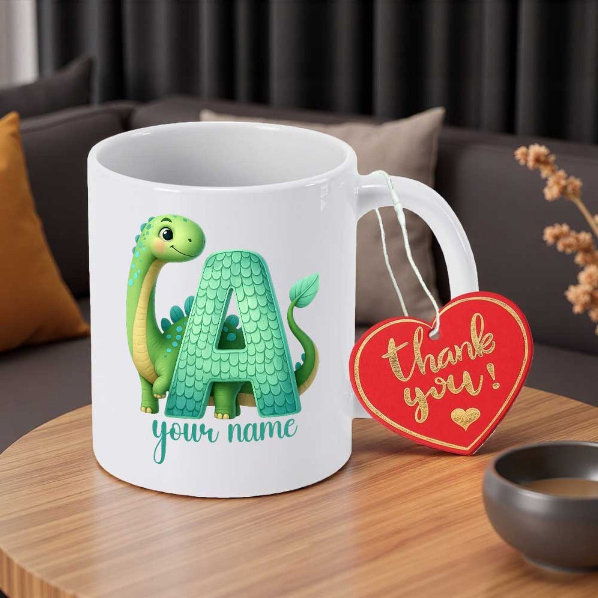 Tailorly White Ceramic 11 oz Mug - Your Name Thank You Friendly Green Brontosaurus Standing Beside A Large Textured Scaly Letter Dinosaur