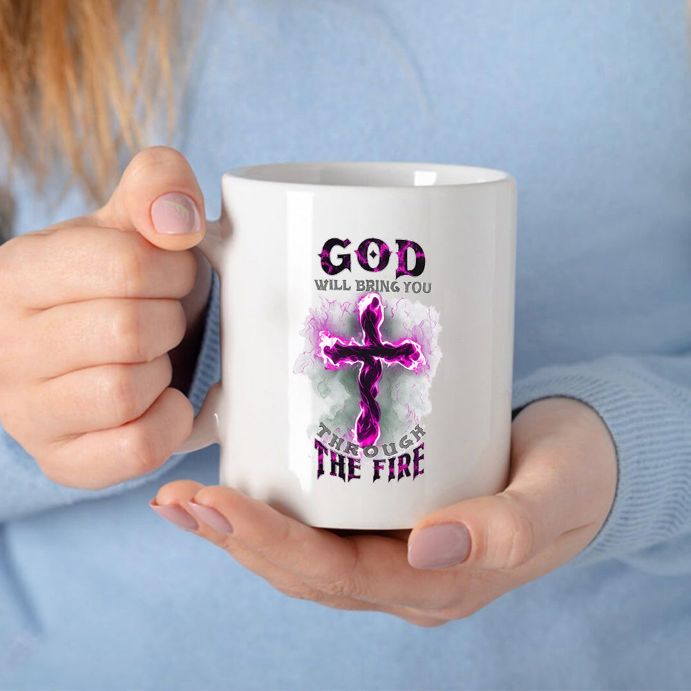 Tailorly White Ceramic 11 oz Mug - God Will Bring You Through The Fire Radiant Purple Flames Glowing On A Sacred Christian Cross