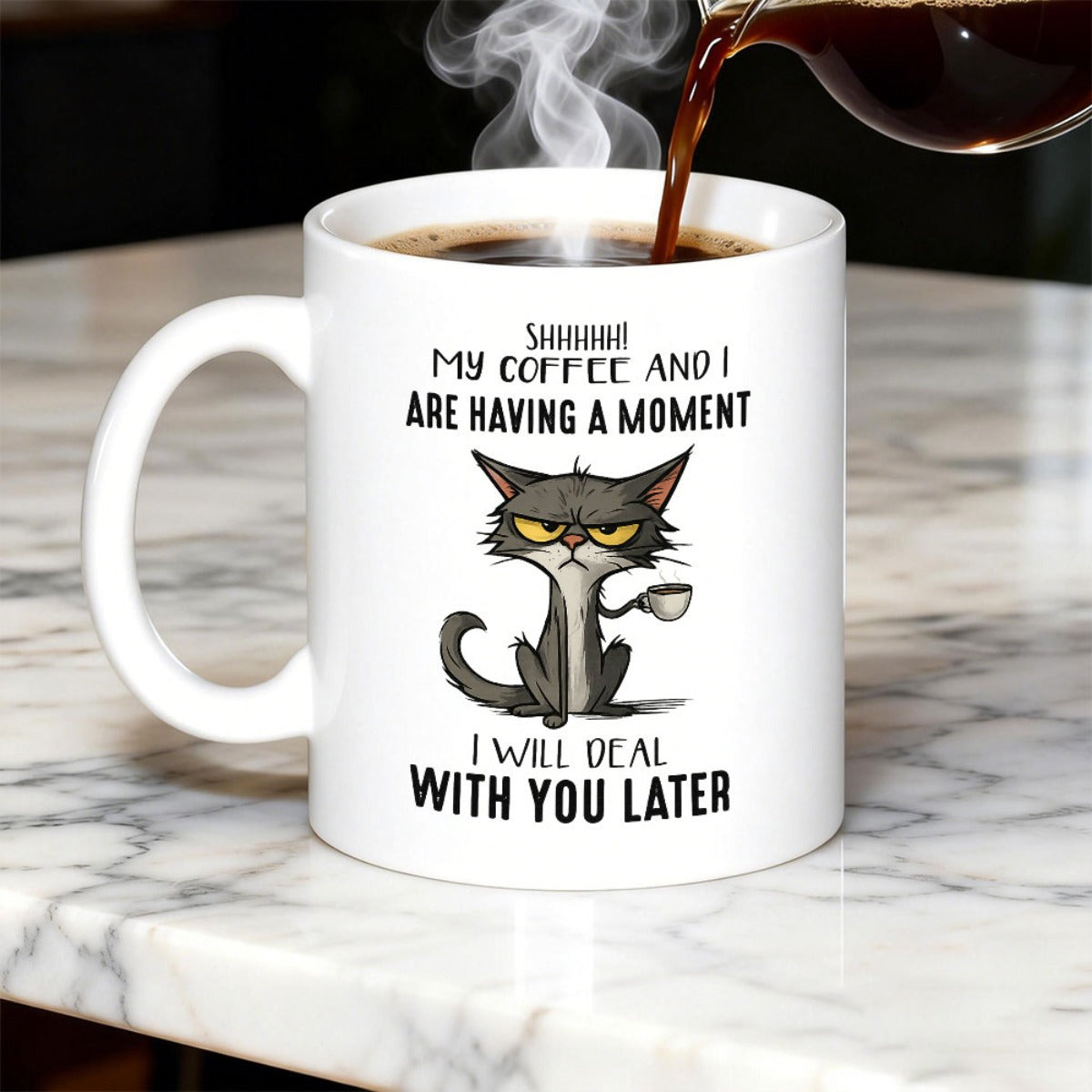 Tailorly White Ceramic 11 oz Mug - My Coffee And I Are Having A Moment I Will Deal With You Later Grumpy Expression Small Cup Holding Silhouette Sitting On White