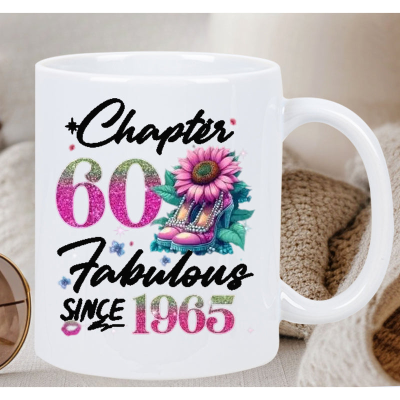 Tailorly White Ceramic 11 oz Mug - Chapter 60 Fabulous Since 1965 Elegant Pink Sunflower Blooming From A High Heel Shoe Among Glittery Leaves Sunflower