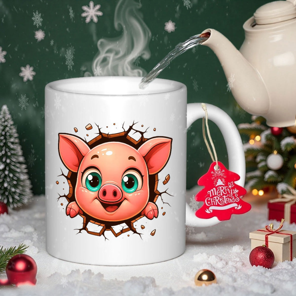 Tailorly White Ceramic 11 oz Mug - Merry Christmas Adorable Pink Cartoon Piglet Breaking Through A Cracked White Wall Surface Pig