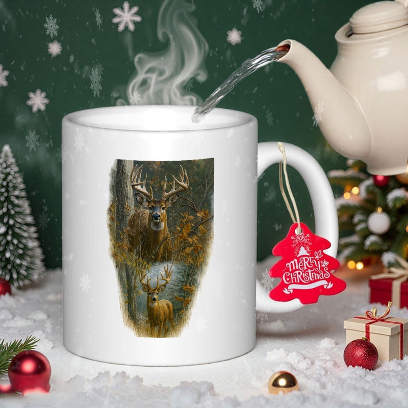 Tailorly White Ceramic 11 oz Mug - Majestic Wild Bucks Standing In A Dense Autumn Forest With Large Antlers Buck