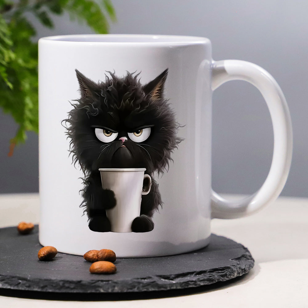 Tailorly White Ceramic 11 oz Mug - Angry Fluffy Black Feline Holding A Small White Ceramic Coffee Cup Cat