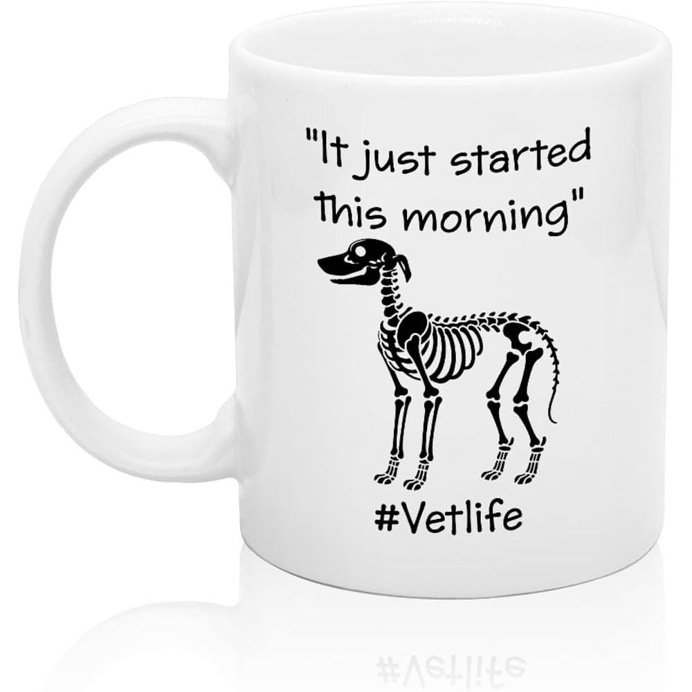Tailorly White Ceramic 11 oz Mug - It Just Started This Morning Vetlife Minimalist Black Ink Illustration Of An Anatomical Canine Dog Skeleton